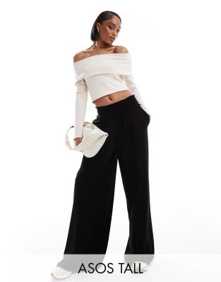 ASOS DESIGN Tall shirred waist wide leg pants in black