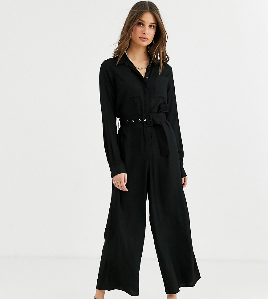 ASOS DESIGN Tall shirt jumpsuit with self belt and culotte leg-Black