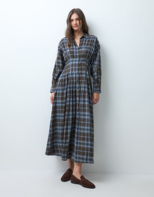 ASOS DESIGN Tall shirt midi dress with nipped waist in chocolate check, 2 of 4