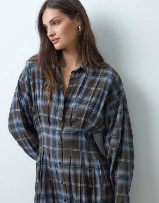 ASOS DESIGN Tall shirt midi dress with nipped waist in chocolate check, 3 of 4