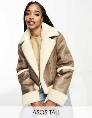 ASOS DESIGN Tall short bonded borg aviator jacket in hazelnut