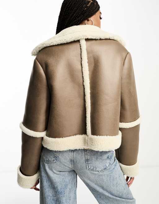 ASOS DESIGN Tall short bonded borg aviator jacket in hazelnut, 2 of 4
