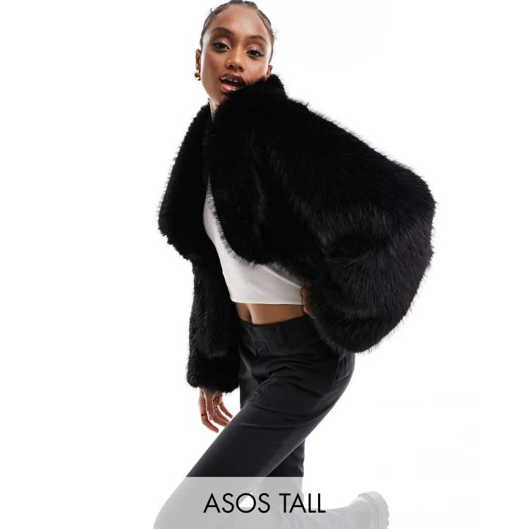 ASOS DESIGN crop collared faux fur jacket in brown