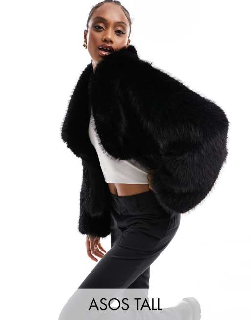 ASOS DESIGN Tall short glam faux fur jacket in black