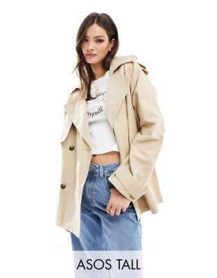 ASOS DESIGN Tall short oversized trench coat in stone-Neutral