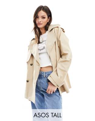 Asos Tall Asos Design Tall Short Oversized Trench Coat In Stone-neutral