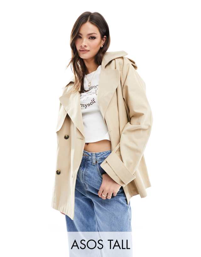 ASOS Tall - ASOS DESIGN Tall short oversized trench coat in stone