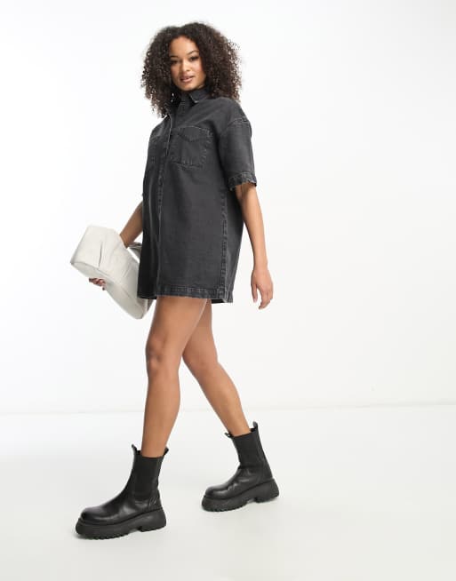 ASOS DESIGN Tall short sleeve denim shirt dress in washed black | ASOS