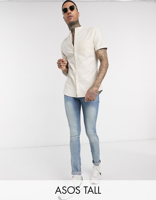 ASOS DESIGN Tall short sleeve slim fit oxford shirt in yarn dye beige with grandad collar