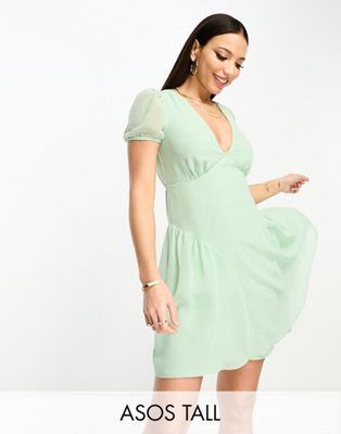 Asos Tall Asos Design Tall Short Sleeve V-neck Chiffon Mini Dress In Sage Green