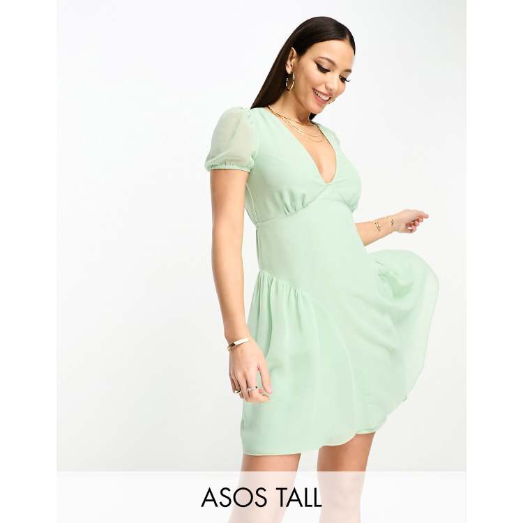 ASOS DESIGN Tall short sleeve v neck chiffon mini dress in sage green