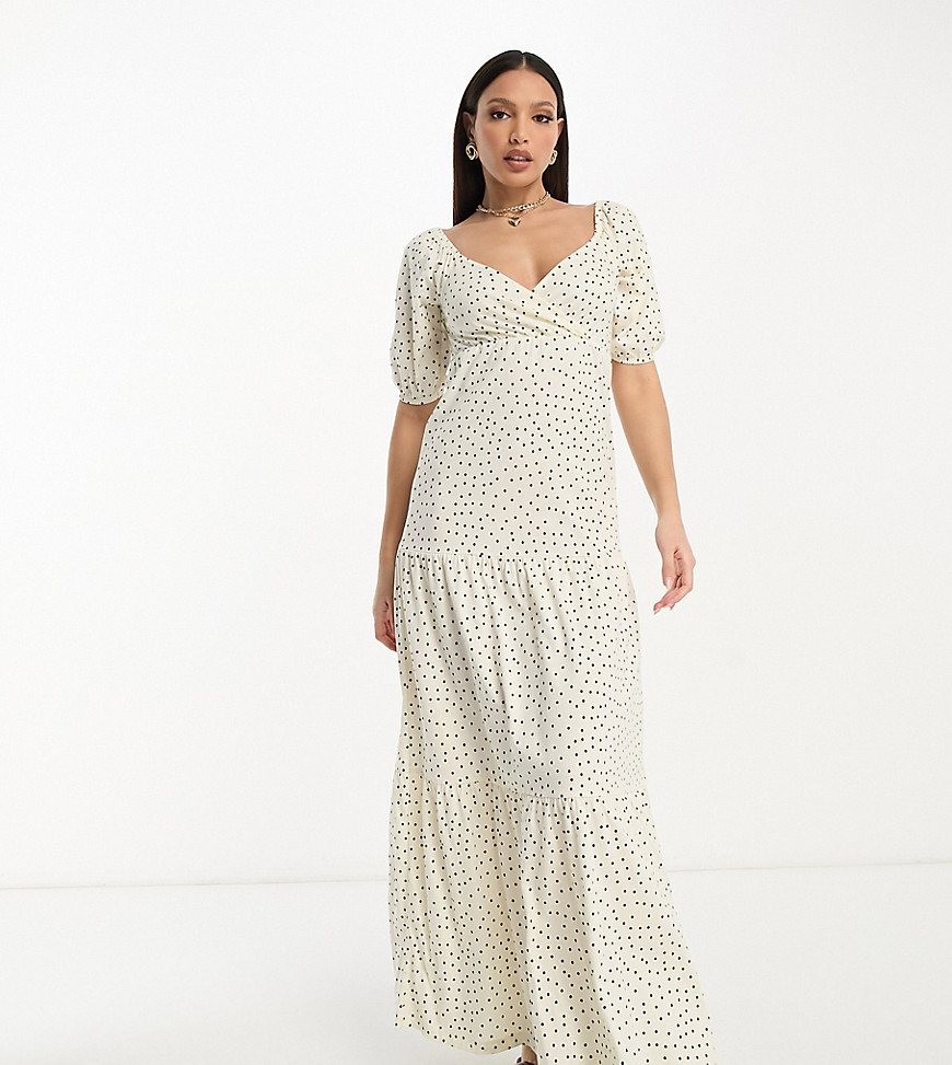 ASOS DESIGN Tall short sleeve wrap tiered midi dress in white base spot-Multi