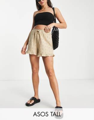 ASOS DESIGN Tall - Shorts in Natur mit Lochstickerei, Rüschensaum und Bindeband-Neutral