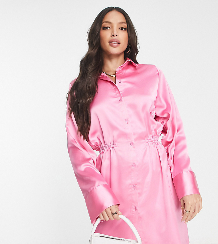 Asos Tall Asos Design Tall Shoulder Pad Gathered Waist Mini Satin Shirt Dress In Pink