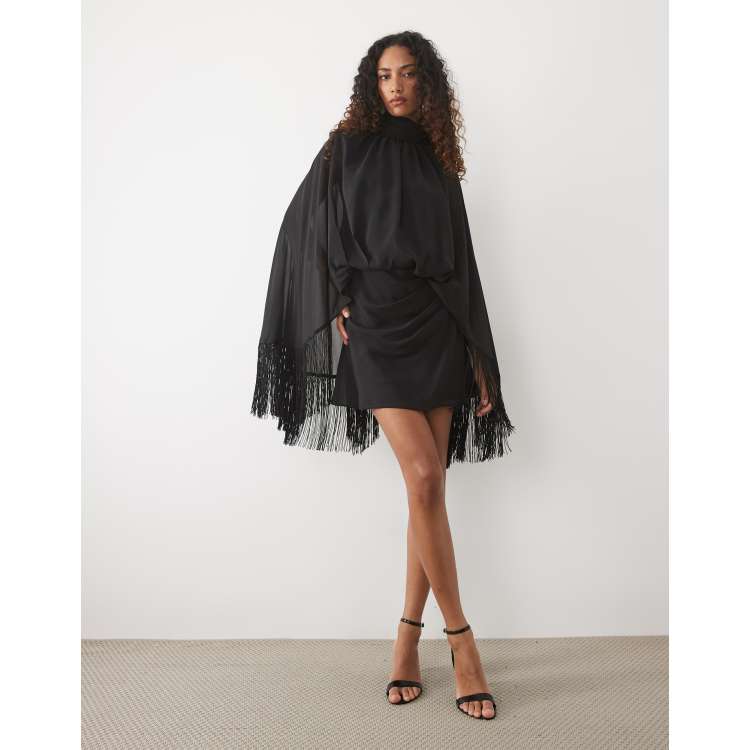 ASOS DESIGN Tall shoulder pads tie neck fringed sleeves mini dress in black