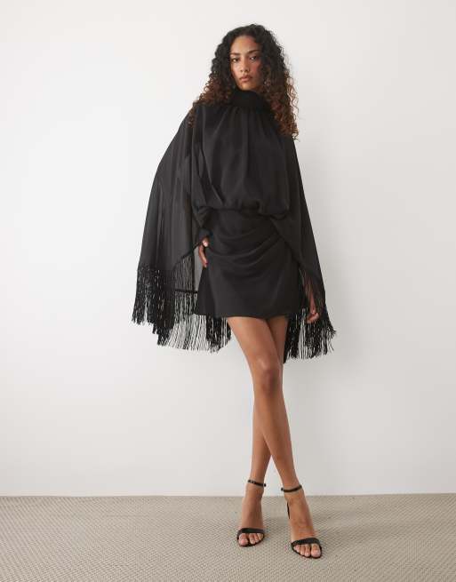 ASOS DESIGN Tall shoulder pads tie neck fringed sleeves mini dress in black
