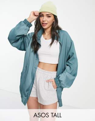 ASOS TALL ASOS DESIGN TALL SILKY BOMBER JACKET IN TEAL-BLUE 