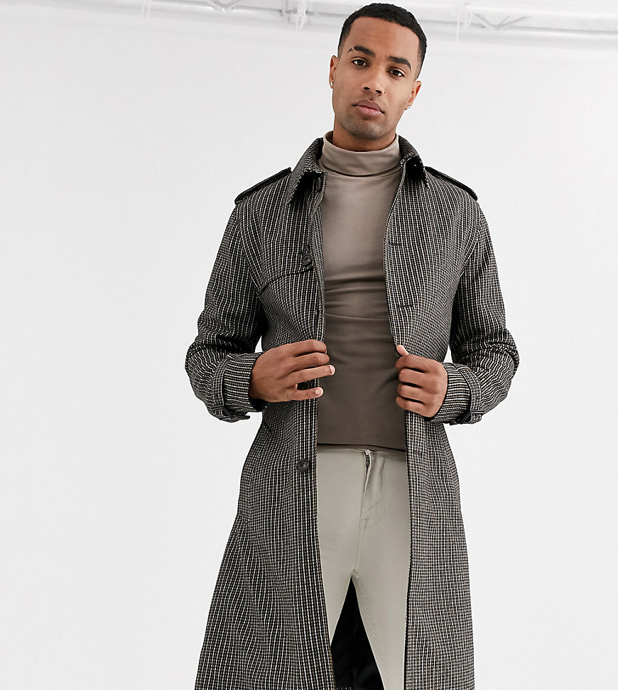 ASOS DESIGN Tall single breasted wool mix trench in check-Brown