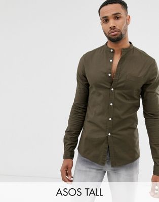 ASOS DESIGN Tall - Skinny-fit casual oxford overhemd in kaki zonder kraag-Groen