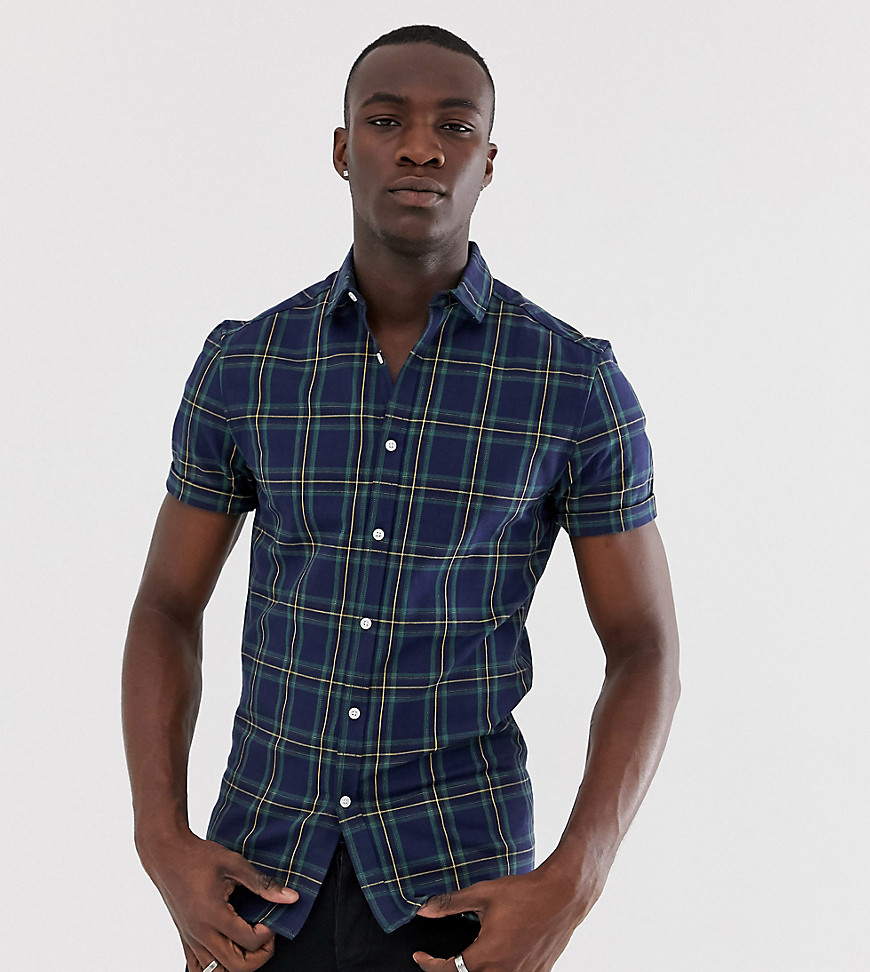 ASOS DESIGN Tall skinny fit check shirt in navy and green
