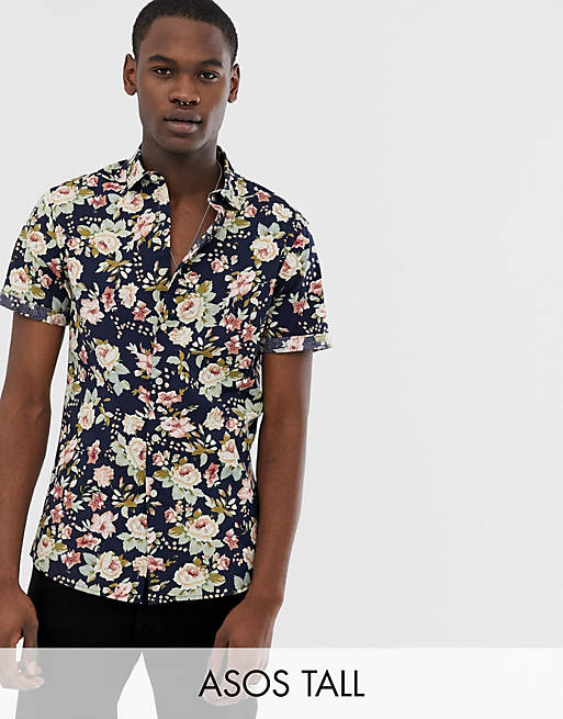 ASOS DESIGN Tall skinny fit floral shirt in navy | ASOS