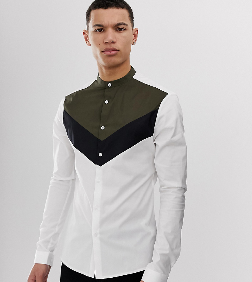 ASOS DESIGN Tall skinny fit grandad collar shirt in cut & sew-Multi