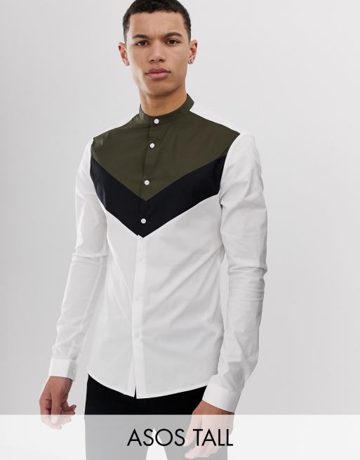 ASOS DESIGN Tall skinny fit grandad collar shirt in cut & sew | ASOS