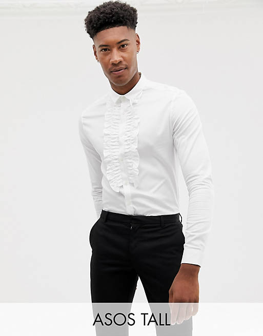 ASOS DESIGN Tall skinny fit ruffle front shirt in white