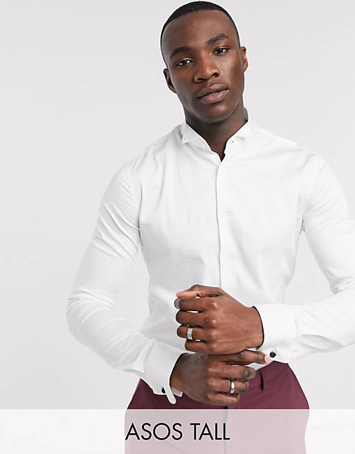 ASOS DESIGN Tall skinny fit sateen shirt with wing collar in white | ASOS
