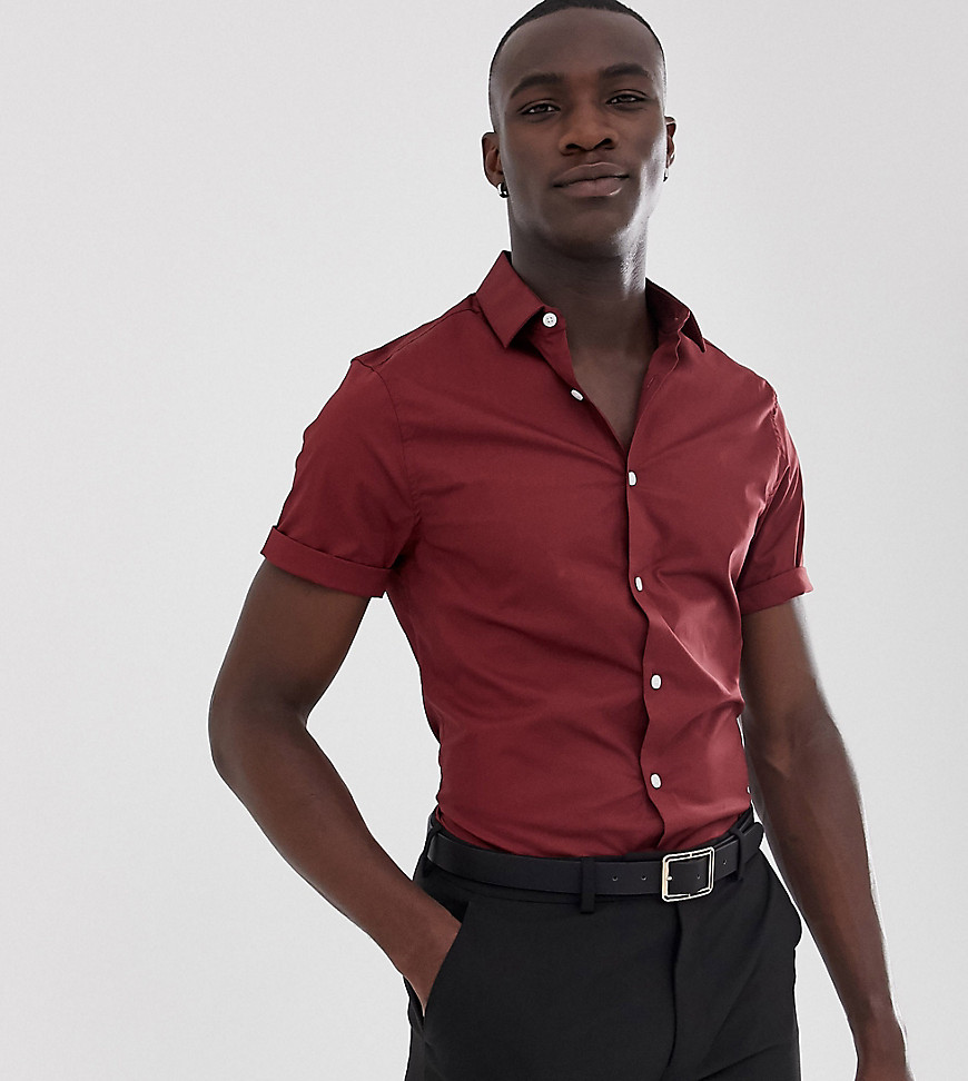 ASOS DESIGN Tall skinny fit shirt in burgundy-Red