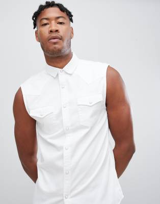 white denim sleeveless shirt