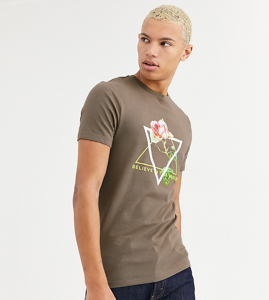 ASOS DESIGN Tall skinny fit t-shirt with rose print and neon text-Brown