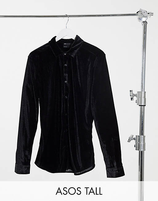  Tall skinny fit velvet shirt in black 