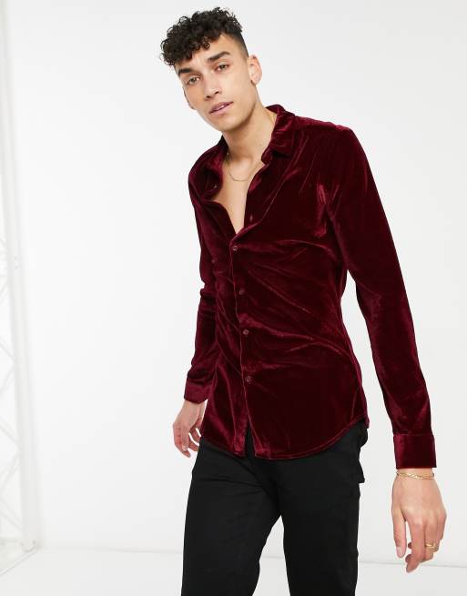 ASOS DESIGN Tall skinny fit velvet shirt in burgundy