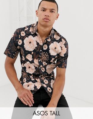 ASOS DESIGN - Tall - Skinny overhemd met bloemenprint in zwart