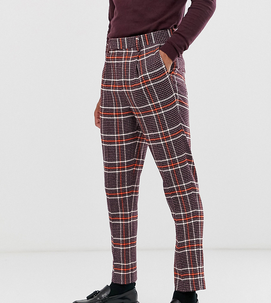 ASOS DESIGN Tall skinny smart trousers in wool mix check in purple