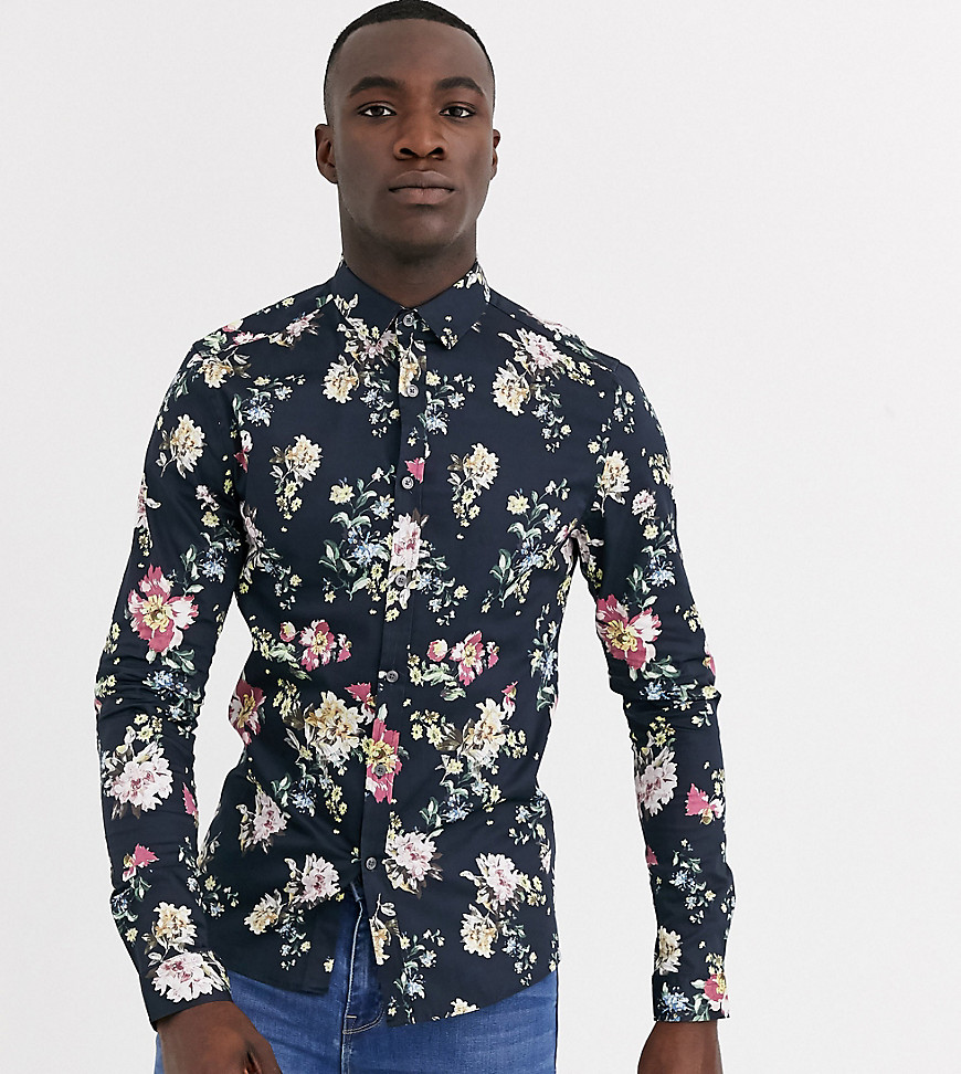 ASOS DESIGN Tall skinny stretch sateen floral shirt in black