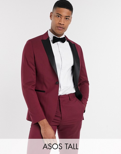 ASOS DESIGN Tall skinny tuxedo suit jacket in burgundy