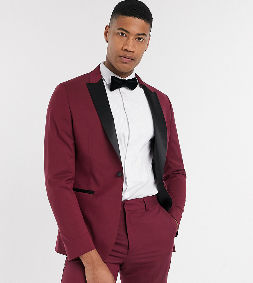 Asos Design Tall Skinny Tuxedo Suit Jacket In Burgundy-red