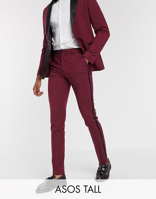 ASOS DESIGN Tall skinny tuxedo suit trousers in burgundy