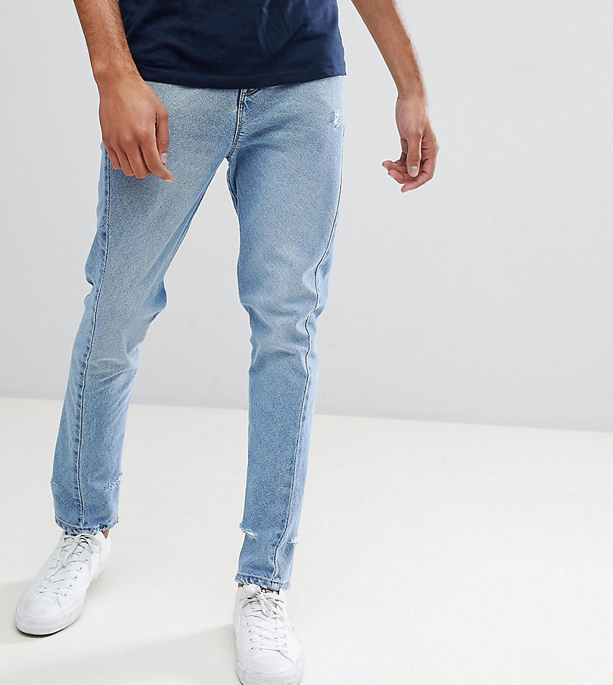 ASOS DESIGN Tall Skinny Twisted Seam Jeans In Light Wash Blue With Abrasions