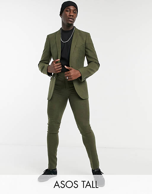 Men Tall skinny wool mix suit trousers in khaki twill 