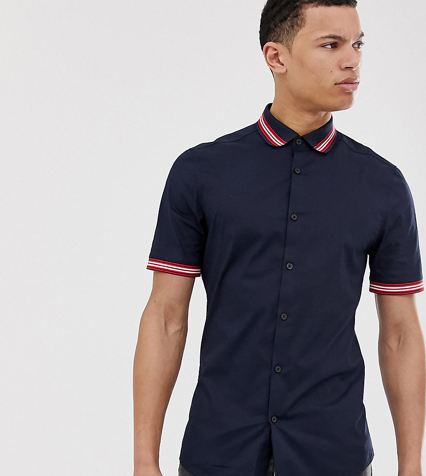 ASOS DESIGN Tall – Skjorta med extra smal passform och ribbad krage och manschetter-Marinblå