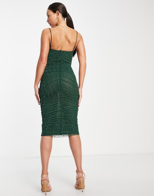 ASOS DESIGN Tall – Skogsgrön bodycon-klänning i midilängd med pärlutsmyckad rynkad mesh, 3 av 4