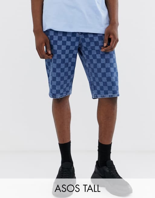 ASOS DESIGN Tall slank denim shorts i medium forvasket blåt med ternet print