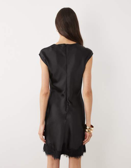 ASOS DESIGN Tall slash neck satin mini dress with lace hem in black, 4 of 4