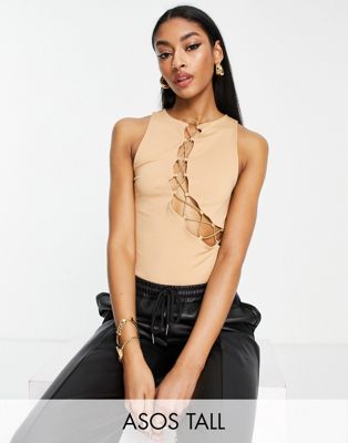ASOS DESIGN Tall sleeveless bodysuit with lace up detail in camel - ASOS Price Checker