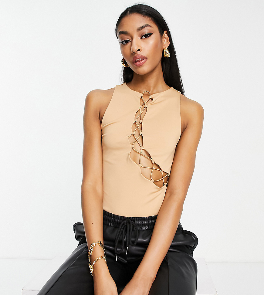 ASOS DESIGN Tall sleeveless bodysuit with lace up detail in camel-Neutral