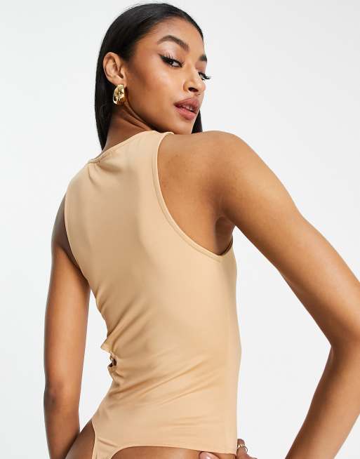 ASOS DESIGN Tall sleeveless bodysuit with lace up detail in camel, 2 of 4