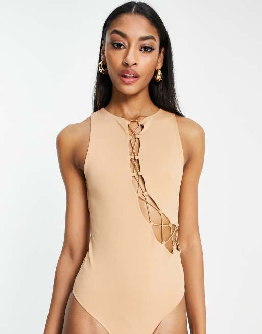 ASOS DESIGN Tall sleeveless bodysuit with lace up detail in camel, 3 of 4